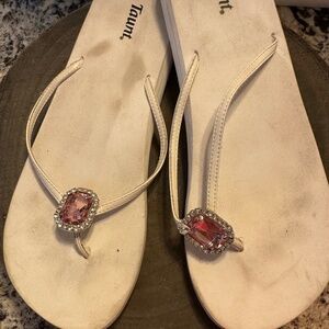 Taunt White/Pink Gemstone Flip Flops-Size 10